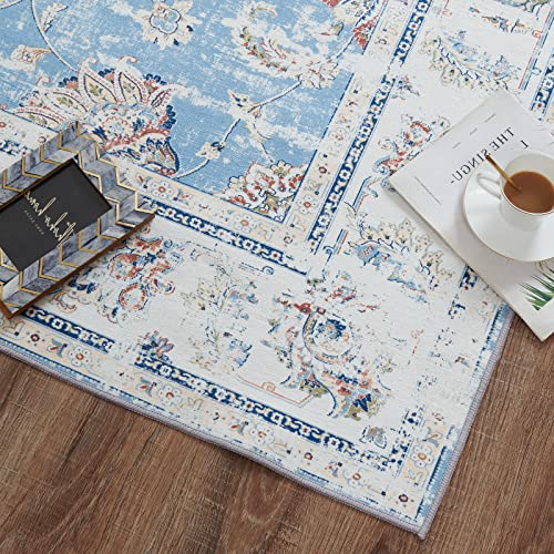 Jinchan Area Rug 8X10 Persian Rug Washable Boho Living Room Rug Floral Print Large Rug Indoor Soft Distressed Foldable Carpet Thin Rug Bedroom Dining Room Office Farmhouse Blue #TOP18