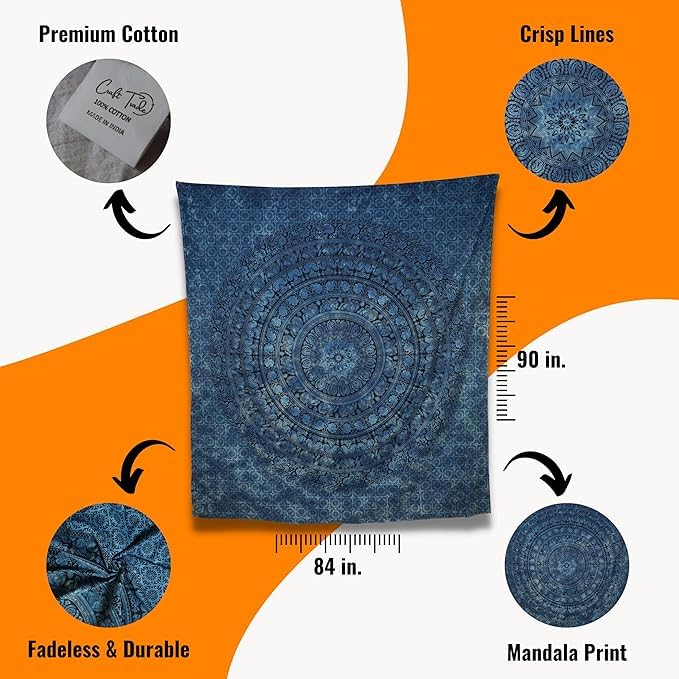 Image of Craft Trade 54x84 Inches Blue Cotton Mandala Ombre Wall Hanging Tapestry