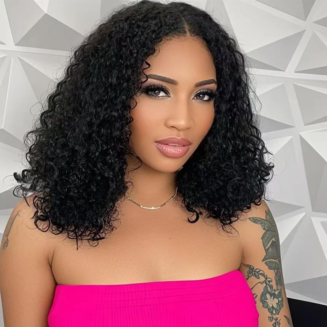 Curly Bob Wig Human Hair 16 Inch 180% Density 13x4 curly Bob Human Hair Lace Front Wigs Pre Plucked with Baby Hair for Women Natural Color