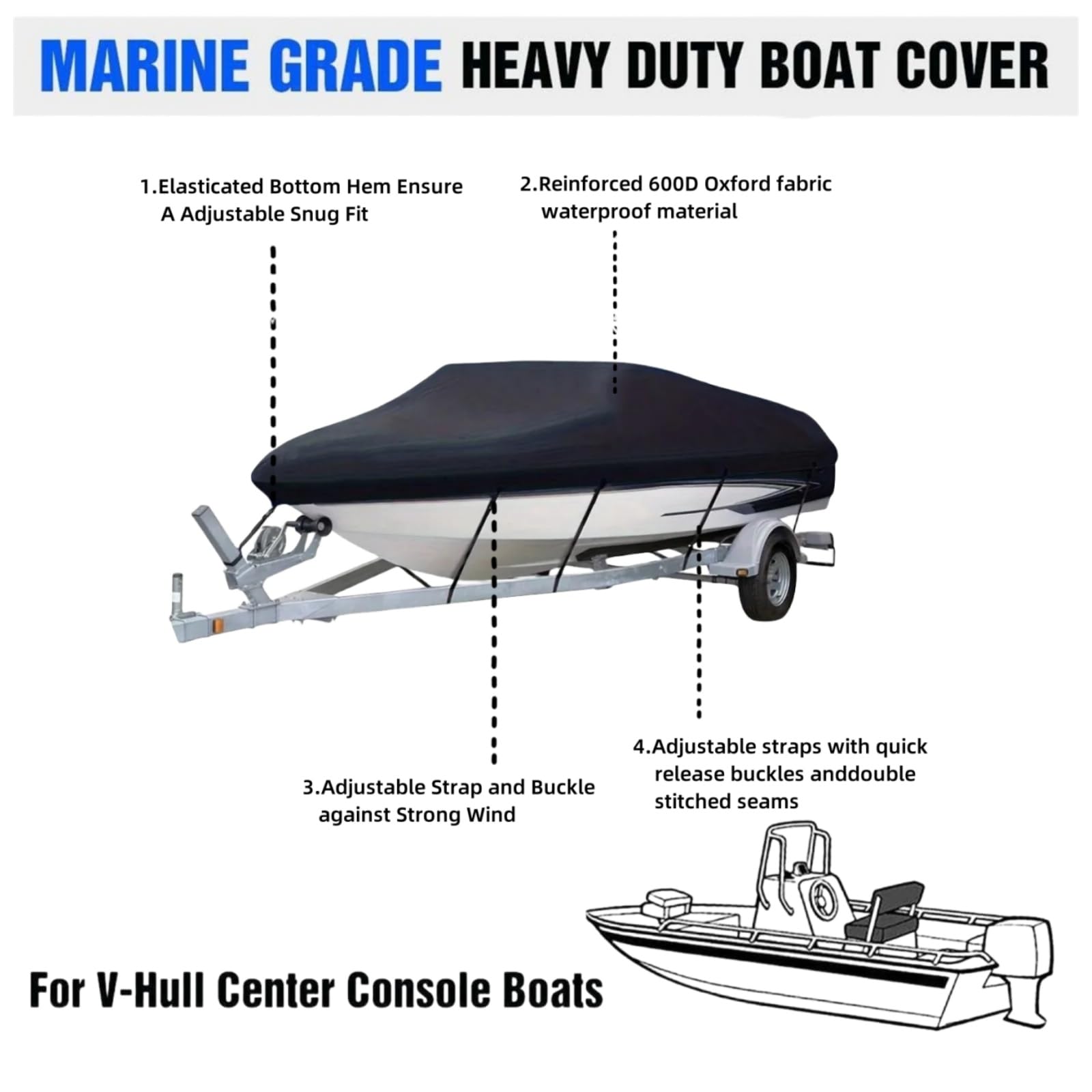 Bootspersenning mit Außenborder Abdeckung,600D Oxford Gewebe Wasserdicht Staub Schutz Bootsplane,Schwarz Bootsplane für Yacht Schnellboot Angelboot V-Rumpf (Schwarz, 17-19FT)
