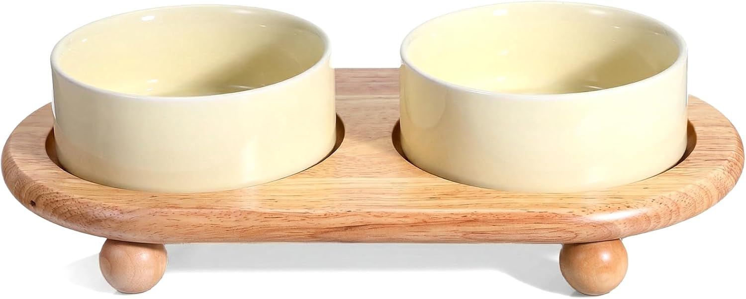 Elevated Ceramic Cat Food and Water Bowl, 5.1" Raised Double Cat Bowls with Wooden Stand, Cute Pet Food Table Feeder Wide Cats Water Dish, Non Slip Pets Feeder Stand for Cats Dog Puppy Kitty Pet