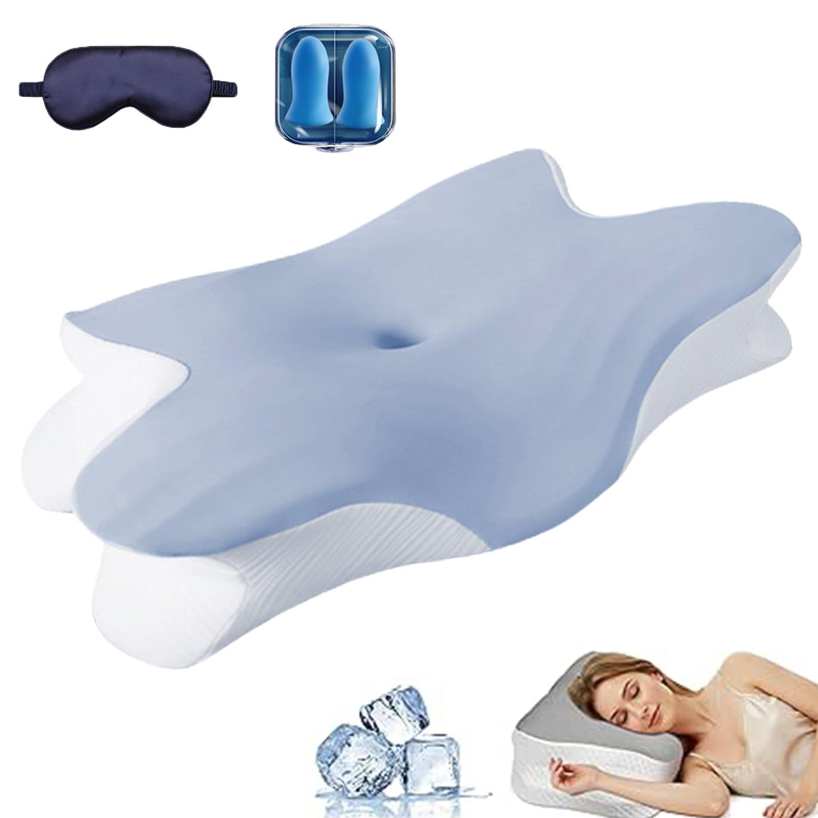 Hopasrisee Blue Ergo Pillow Sleep Apnea, Anti Snoring Ergo Pillow With Cooling Pillowcase, Ergonomic Cervical Orthopedic Pillows For Side, Back & Stomach Sleepers, Relieve Neck And Shoulder Pain(,1Pcs)