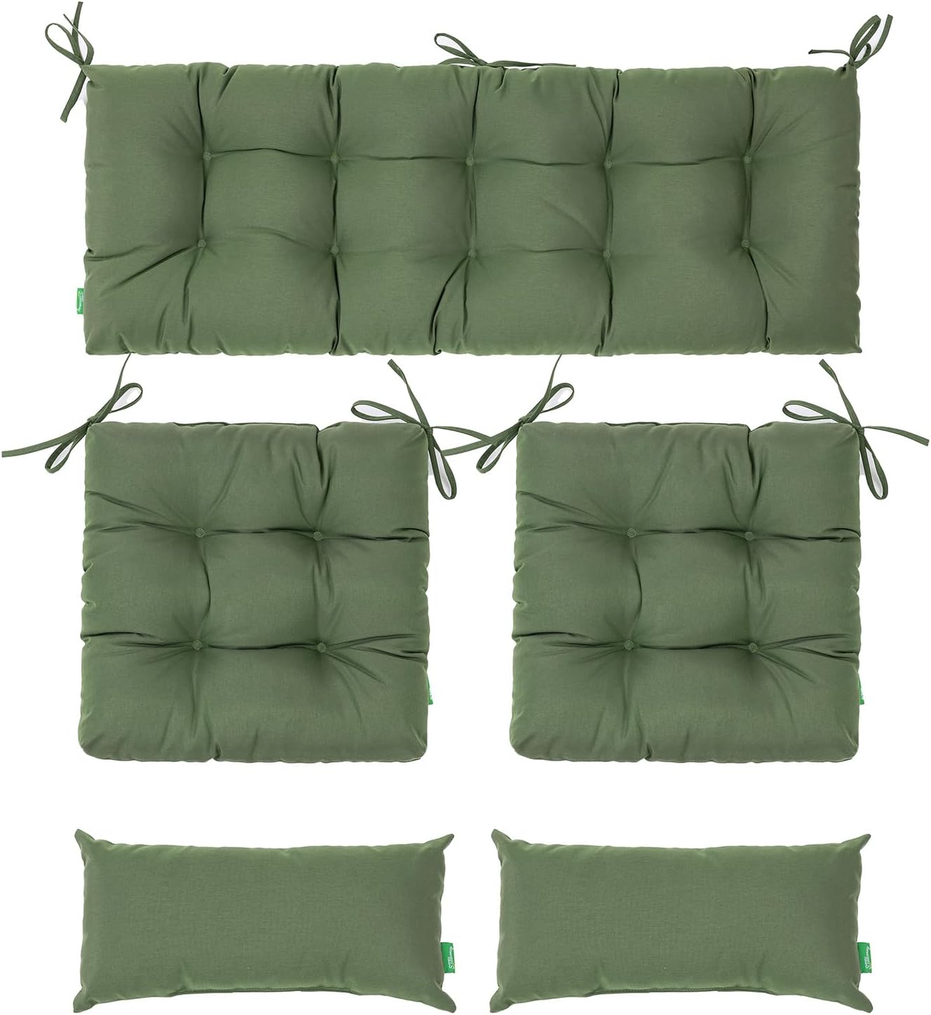 Outdoor Wicker Chair Cushions of 5Pieces,Tufted Patio Bench Cushions & 2Seat Cushions with Ties,2Lumber Pillows,Waterproof Cushions for Patio Furniture -Deep Green