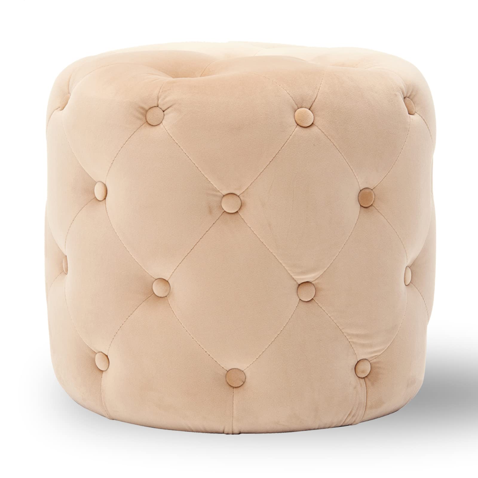 Round Tufted Velvet Ottoman,Modern Solid Wood Frame Foot Rest Stool for Living Room Hosting Room Bedroom,Upholstered Comfy Foot Stool-Light Curry Color 45x45x41cm(18x18x16inch)