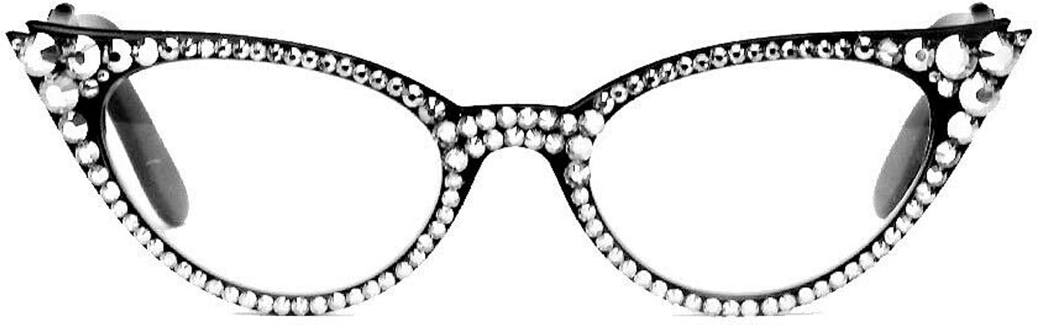 Austrian Crystal Black Cat Eye Reading Glasses Readers 50's 60's mod Swarovski (100, Black)