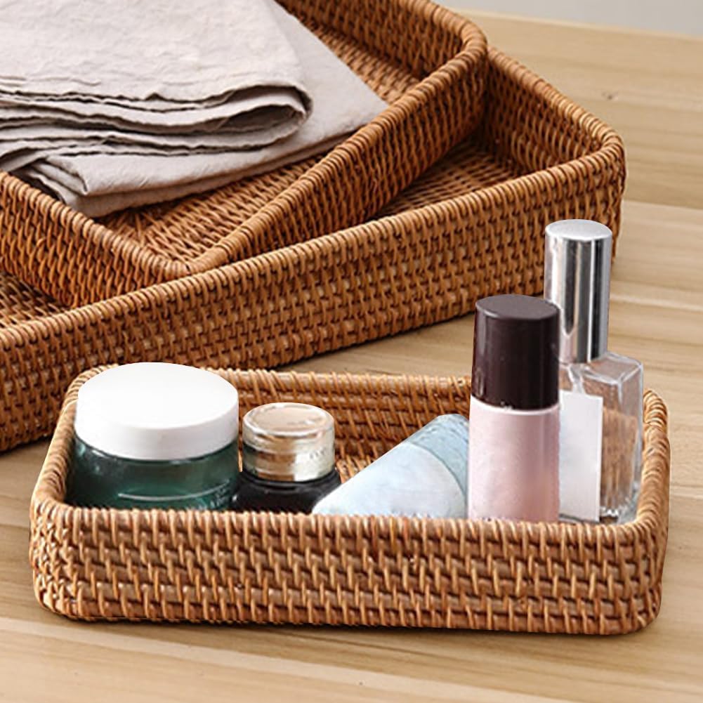 8in Rattan Bathroom Vanity Tray, Toilet Tank Basket, Bathroom Decor Box, Small Narrow Guest Towel Holder for Vanity, Countertop, Bathroom, Kitchen and Cabinet Storage(Color:Wood) - Image 8