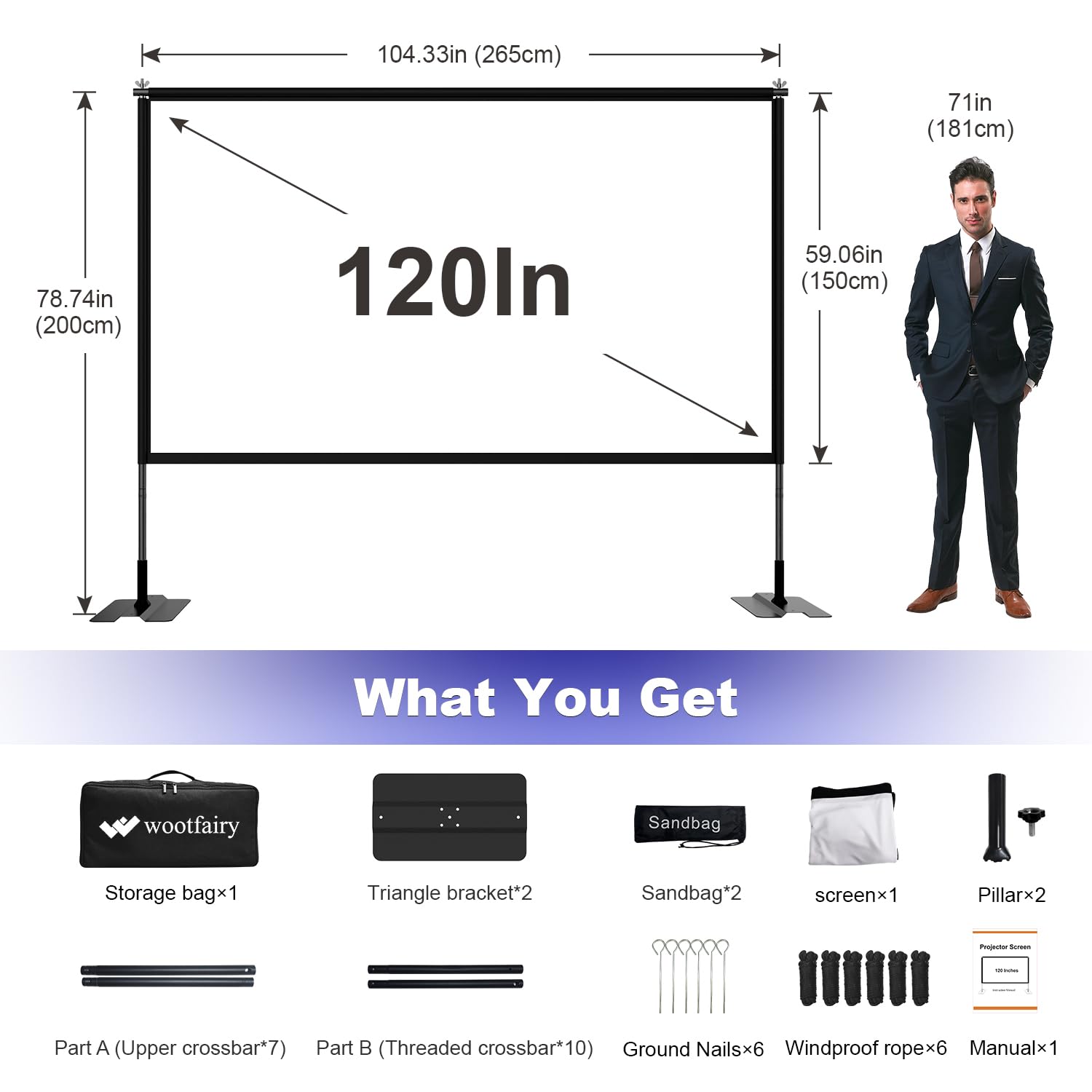 120Beamer Leinwand mit Stativ, rutschfest Projektorleinwand mit Tragetasche | 16:9 Full HD Faltbarer Beamer Leinwand, Projektion Leinwand mit Stand ür Heimkino, Büro und Camping