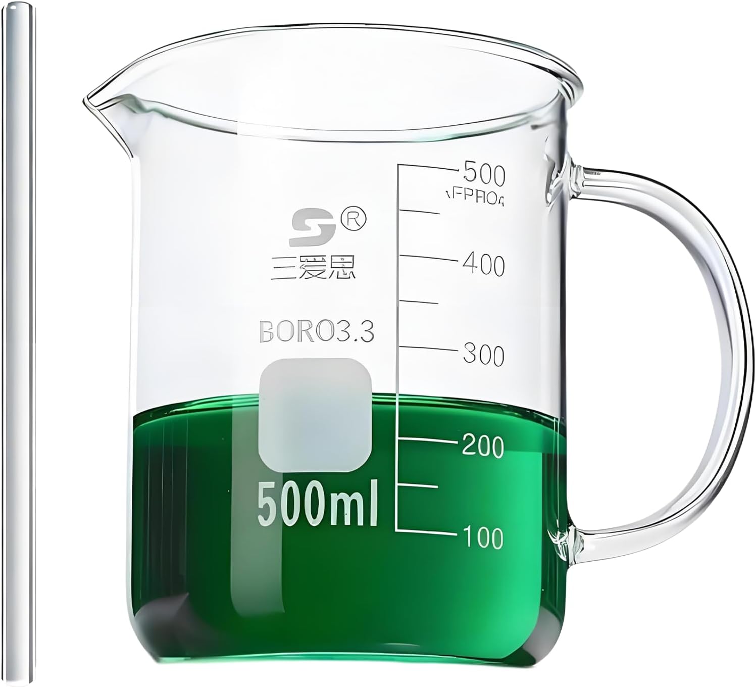 TISMART Beaker with Handle, 500ml/8.45oz Measuring Cup, BORO 3.3 Corrosion-resistant, for Heat for Lab, Teaching, Kitchen or Restaurant, V-Shaped Spout Glass Measuring Beaker, Easy To Read
