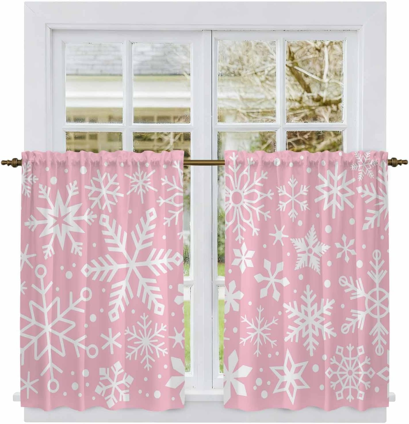Pink Christmas Kitchen Tier Curtains 45 Inch Long 2 Panel Set,Rod Pocket Short Window Treatment,Snowflakes Xmas Winter Retro New Year Curtains & Drapes for Bathroom Basement 27.5"W x 45"L