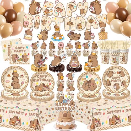 176 Pcs Capybara Birthday Decorations (Serves 24) Capybara Party Decorations Include Banner Hanging Plates Napkins Cups Forks Tablecloth Topper Balloons for Party