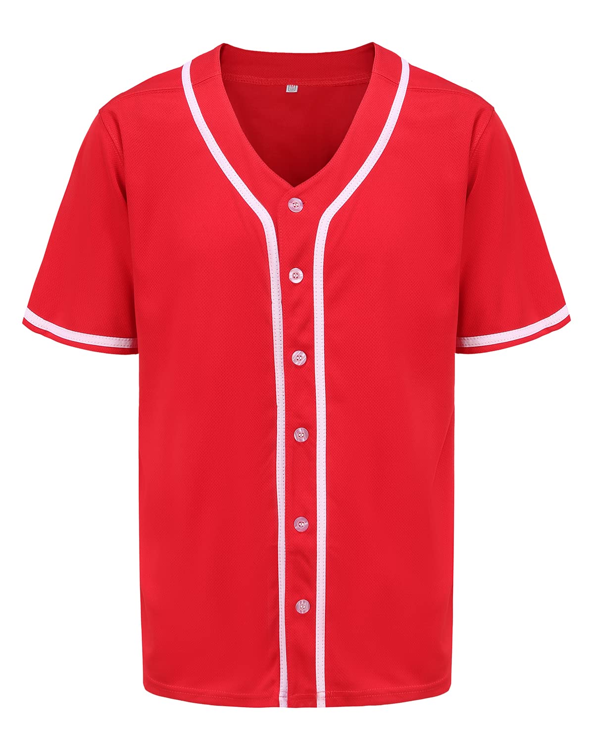PRIMITAS Mens Button Down Plain Baseball Jersey, Blank Softball Team Uniform, Hip Hop Hipster Short Sleeve Active Shirts Red