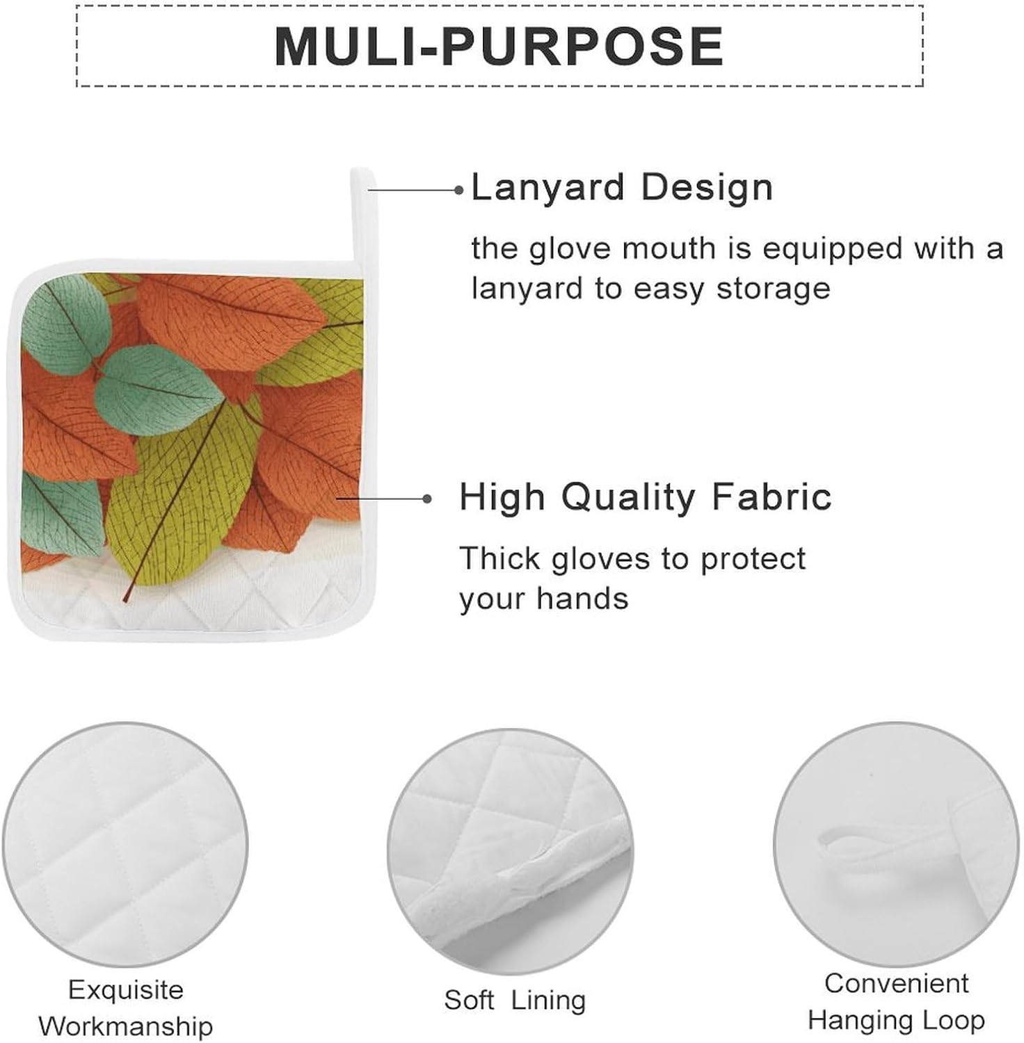 Pot Holder Set of 2 Leaves Printed Potholders for Kitchens Heat Resistant & Non Slip Potholders for Kitchen Cooking Baking BBQ