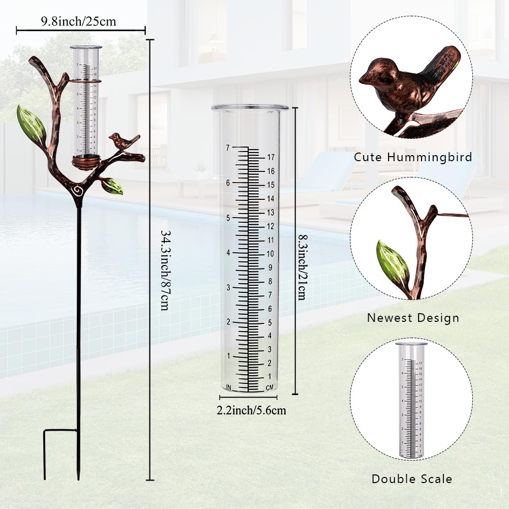 Regenmesser Outdoor Metall Regenmesser mit Pfahl | 17,8 cm Rohr-Regenmessgerät, dekoratives Zweig-Regenmesswerkzeug für Garten, Rasen, Terrasse