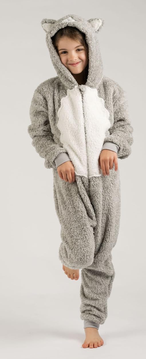 Tutina per ragazzi o ragazze in pile super morbido nero bianco gatto gattino con coda – Costume da animale AllinOnes per bambini dai 2 ai 13 anni