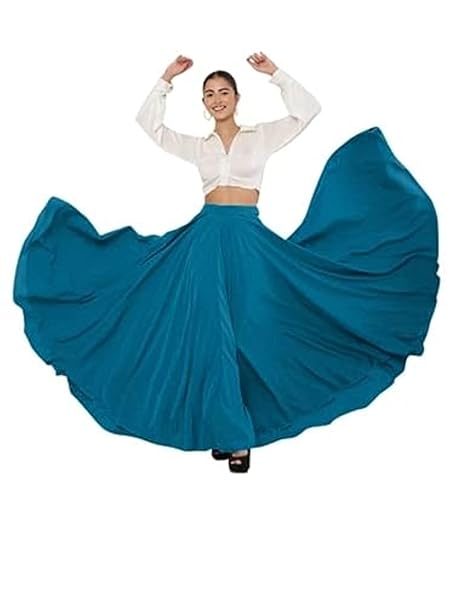 JYESHTA Women’s American Crepe Flared A Line Stitched Long Skirt with 12 Mtr Flare 40 in Height | Skirts for Women Long Length –  Teal Blue