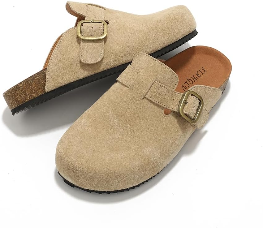 Women's Suede Clogs Leather Mules Comfort Cork Footbed Sandals Potato Shoes with Arch Support