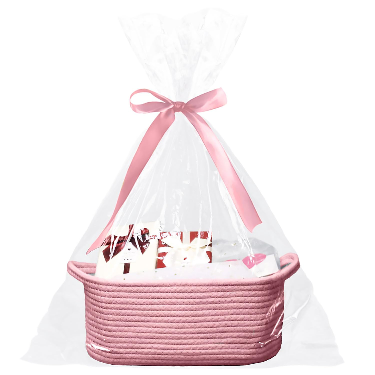 Poschnor Baby Gift Basket with Gift Bags and Ribbons, 12x 8x 5 Inch Basket for Baby and Pet Toys, Small Cotton Rope Basket - Pink