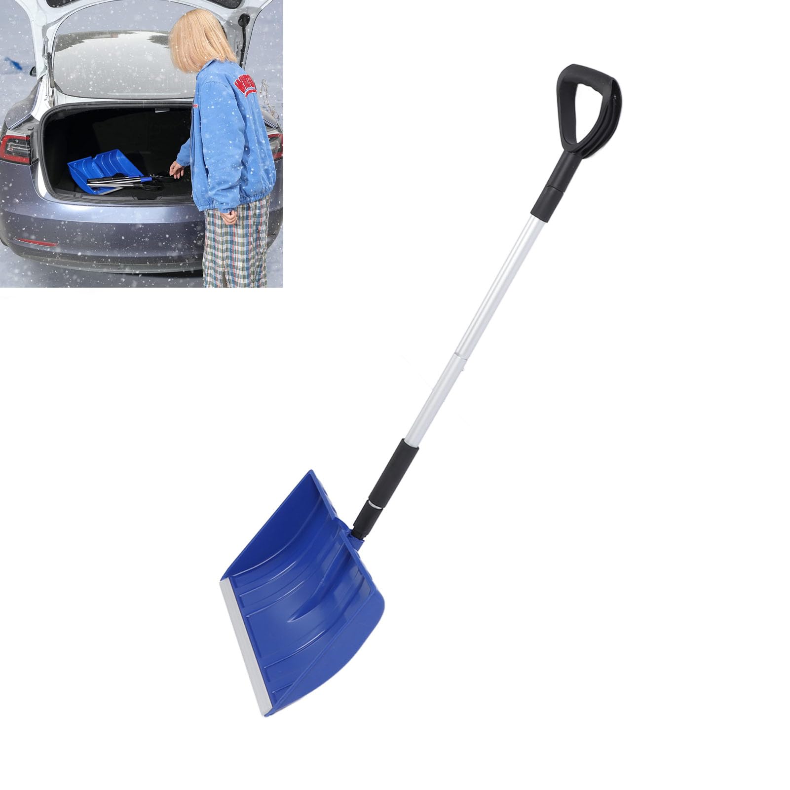 Pala da neve per auto di emergenza da giardino, lunghezza regolabile 120 cm, con impugnatura a D, manico staccabile per rimozione della neve e altre attività di emergenza all'aperto (blu)