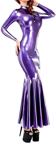 AiCc stylists Sexy Purple Latex Long Dress Long Sleeve Evening Dress Prom Dresses Wear Club - X-Large - Purple