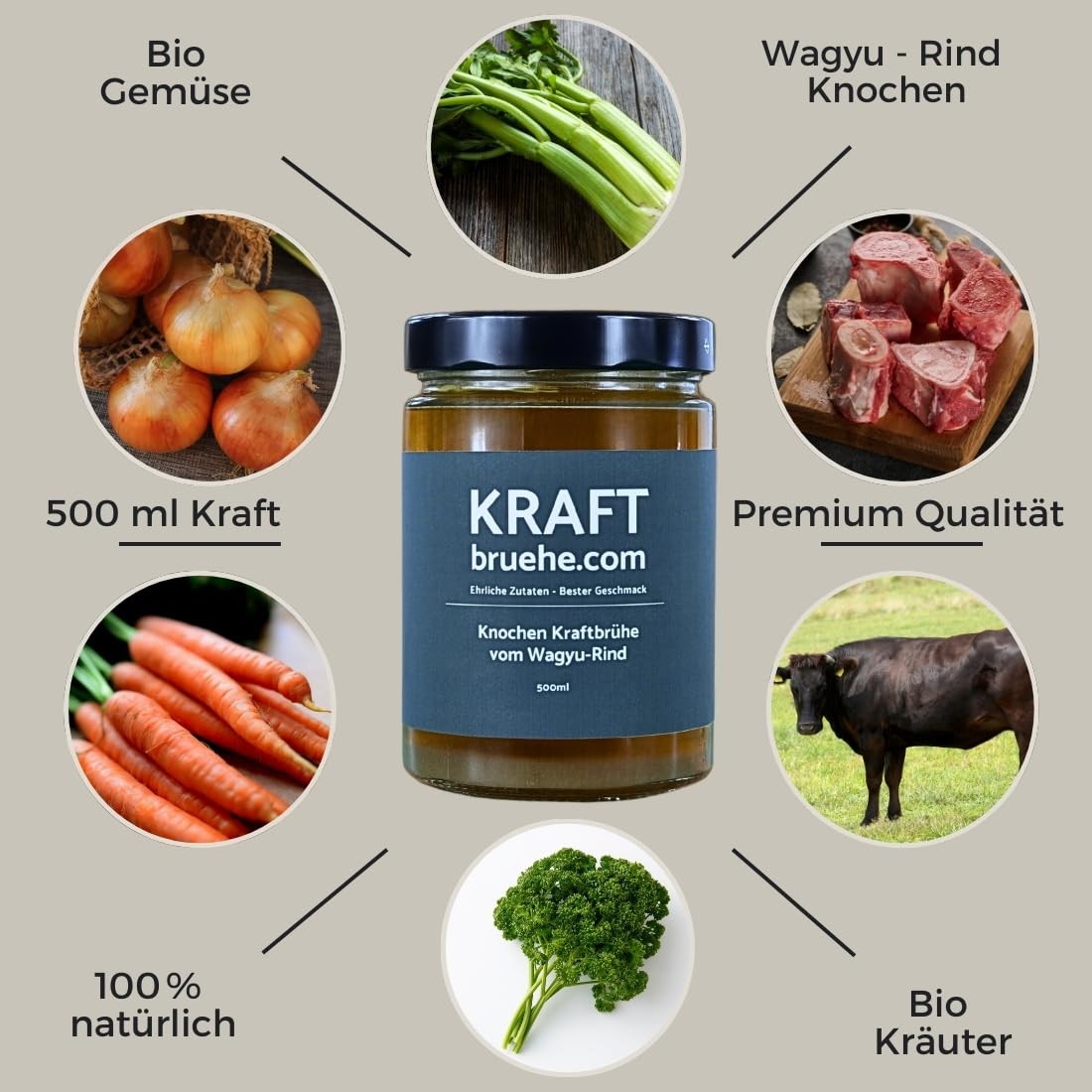 Wagyu - Caldo de huesos de carne (6 x 500 ml, con apio y zanahorias, rico en colágeno, 10 kcal por porción)