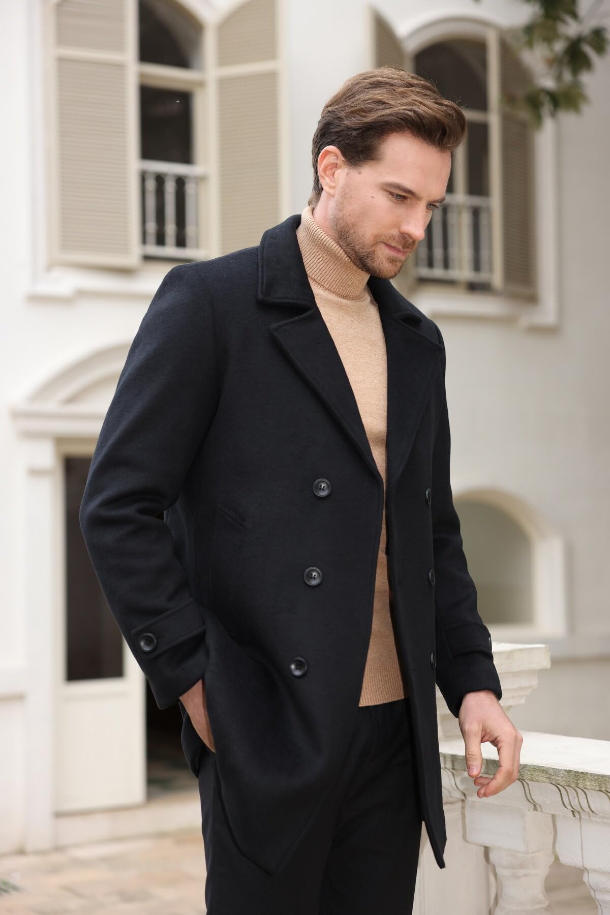 Allthemen Herren Wollmantel Winter Zweireihig Wintermantel Mittellang Warm