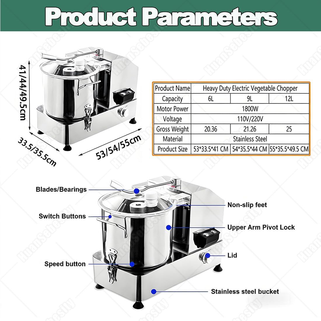 Multi-Functional Commercial Food Processor 6/9/12l 1800w,Electric Vegetable Chopper and Meat Grinder,Professional Vegetable Slicer & Meat Grinder for Smoothies,Nuts & Grains HR9L