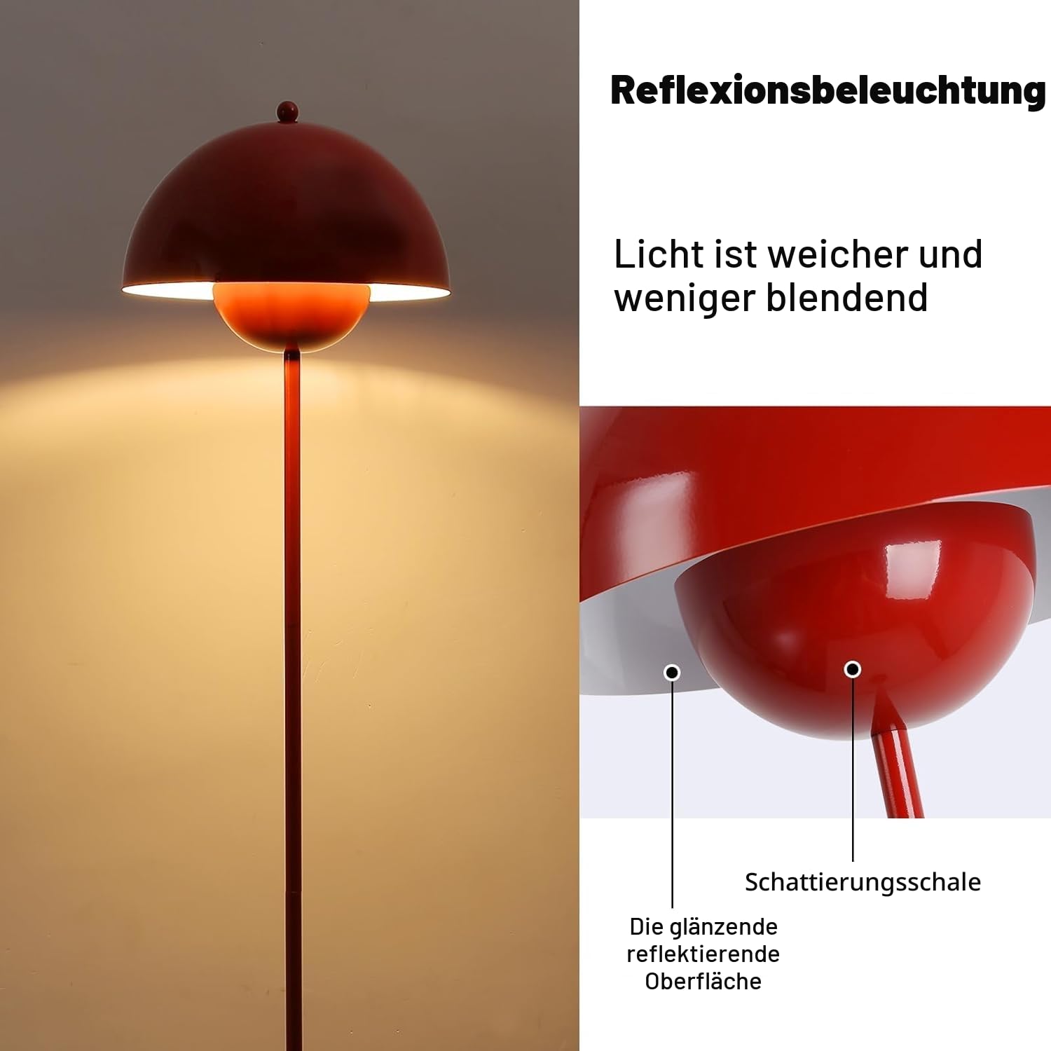 Alpinaluz Stehleuchte mit gewölbtem Parabolschirm: Klassisch, modern und nordisch, ideal für Wohnzimmer und Esszimmer mit E27-Sockel (Rot)