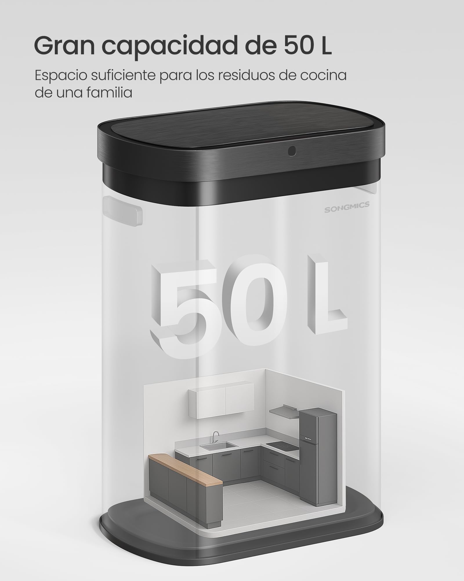 SONGMICS Cubo de Basura de Cocina con Sensor de Movimiento, Papelera Automática de 50 L, Tapa de Cierre Suave, Acero, Incluye 15 Bolsas, Plata Metálica y Negro Tinta LTB640E01