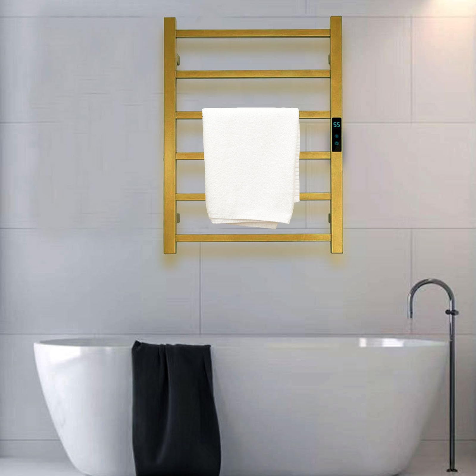 Secatoallas Electrico Pared con Temporizador,Control Táctil Toallero De Baño Electrico,Radiador Electrico Bajo Consumo Termostato,Oro,Right Line