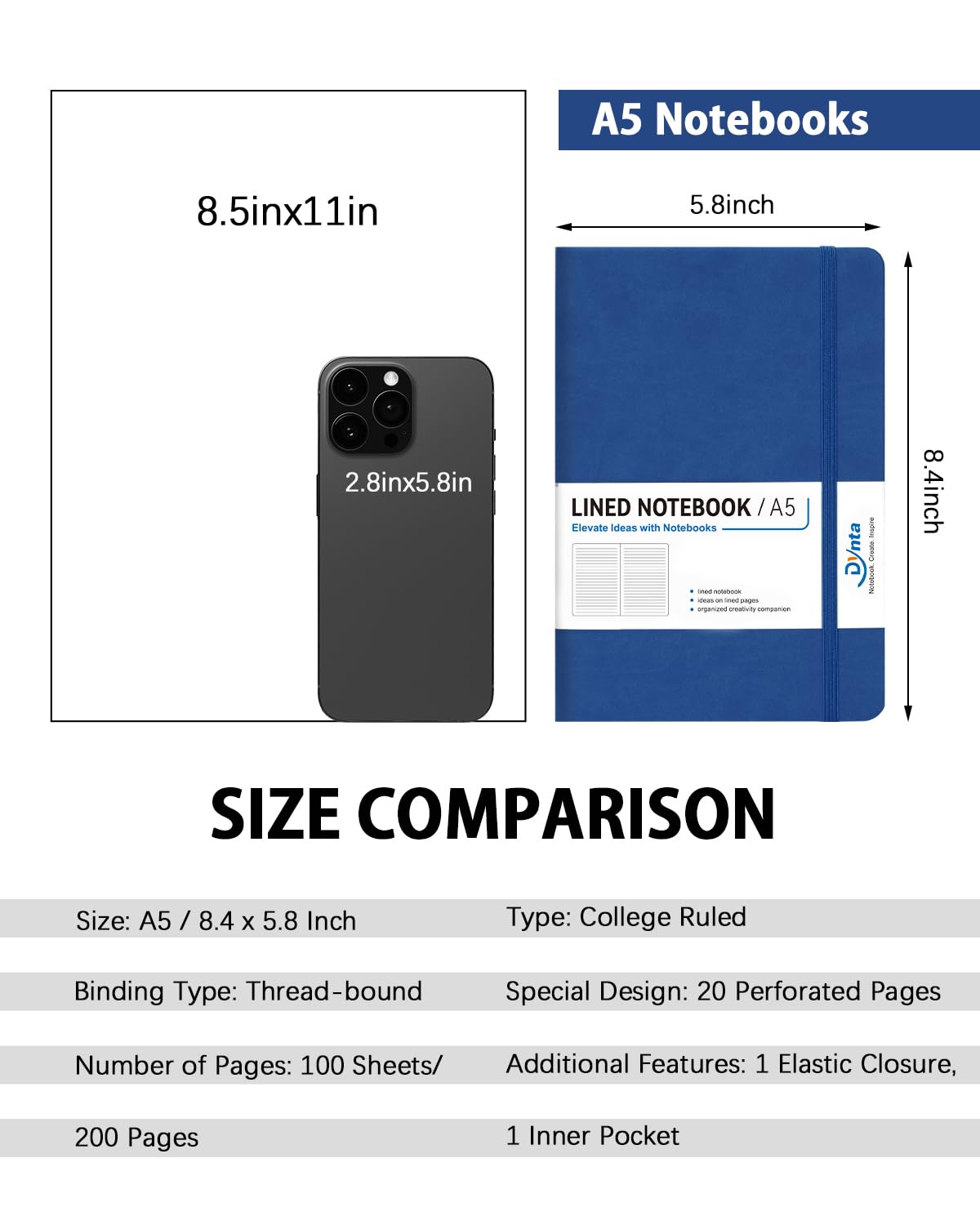 Dynta - Quaderni con copertina rigida, 10 pacchi di diari A5 a righe in blocco da 200 pagine/100 fogli, 21 x 15 cm, quaderno classico a righe per lavoro/viaggio/università/presa di appunti (Blu)