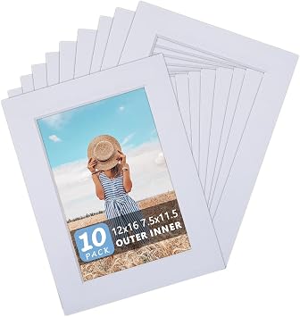 Somime 10 Pack Pre-Cut 12x16 White Picture Mats for 8x12 Photos - White Core Bevel Cut Frame Matte, Acid Free, Ideal for Frames/Artwork/Prints