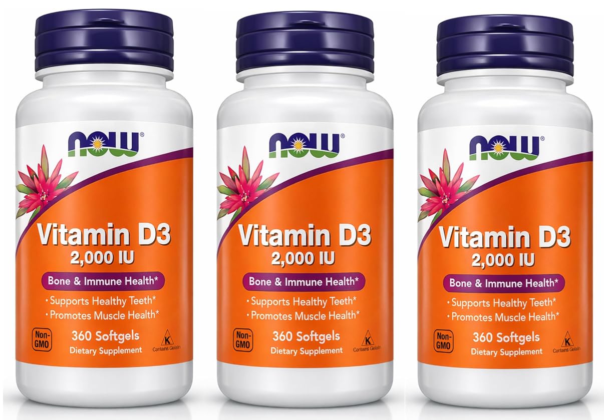 NOW Foods Vitamin D-3 2000 IU High Potency Structural Support 360 Softgels (Pack of 3) 360 Count (Pack of 3)