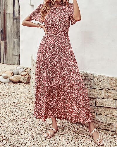 Image of PRETTYGARDEN Women's Casual Smocked Boho Floral A-Line Maxi Dress 2026 | Summer Short Flutter Sleeve Crewneck Tiered Long Sundress,Fall Wedding Guest Dresses,Spring Cute Flowy Beach Vacation Clothes