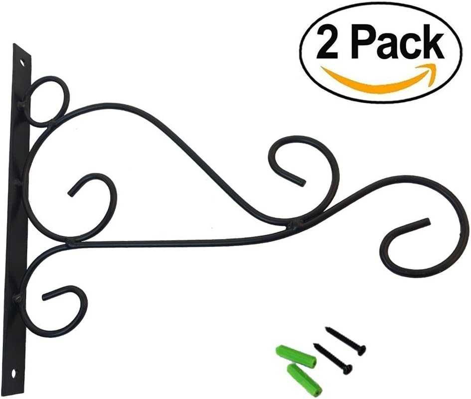 Pack of 2 Wall Hanging Brackets Hooks for Garden Basket Lantern Lawn Light Flower Pots Plant Hanger Gardening Decoration 25x20CM (Black)