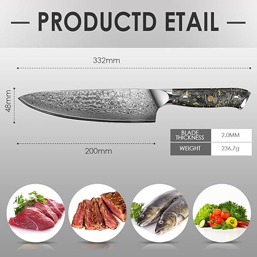 Miniatura 7 de Cuchillo de chef, cuchillo de chef profesional Damasco de 8 pulgadas, serie de oro negro, cuchillo japonés VG-10 de acero inoxidable de alto