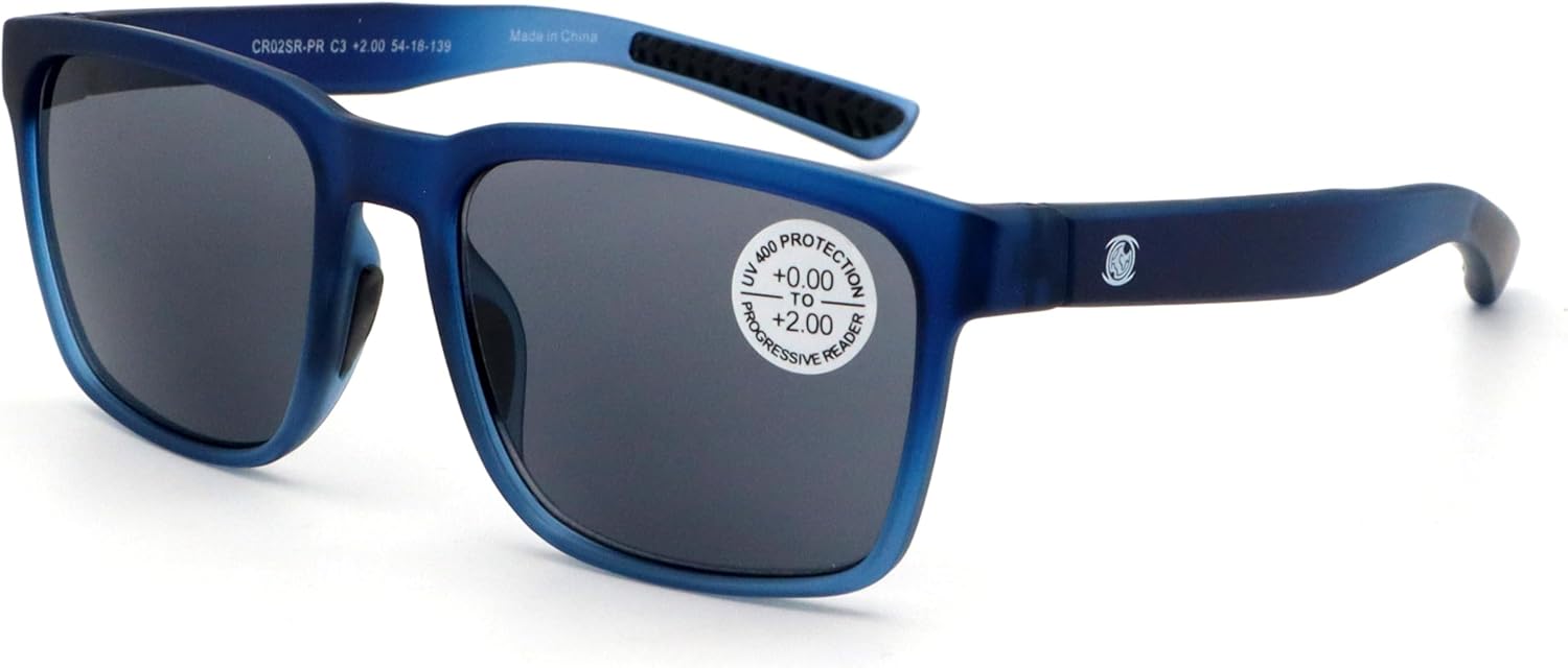 V.W.E. Lightweight Men Progressive Bifocal Reading Sunglasses – No Line, No Bubble – Zero Power on Top, UV Protection CR02