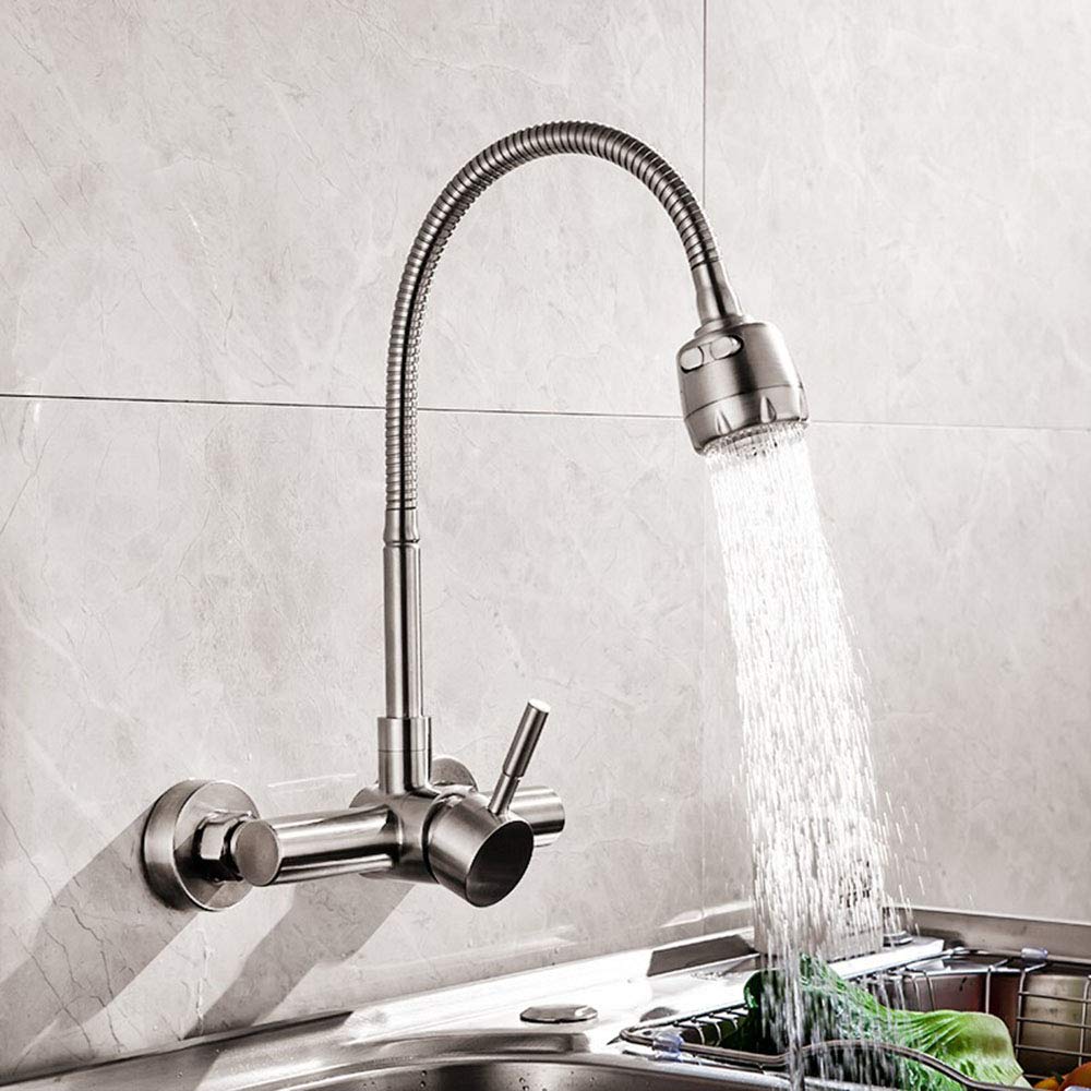 HomeLava Grifo de Cocina Montaje en Pared Grifo Flexible de 2 Funciones Pulverizador Rotación de 360 ° Grifo Cepillado Grifo Cocina Fregadero Acero Inoxidable 304