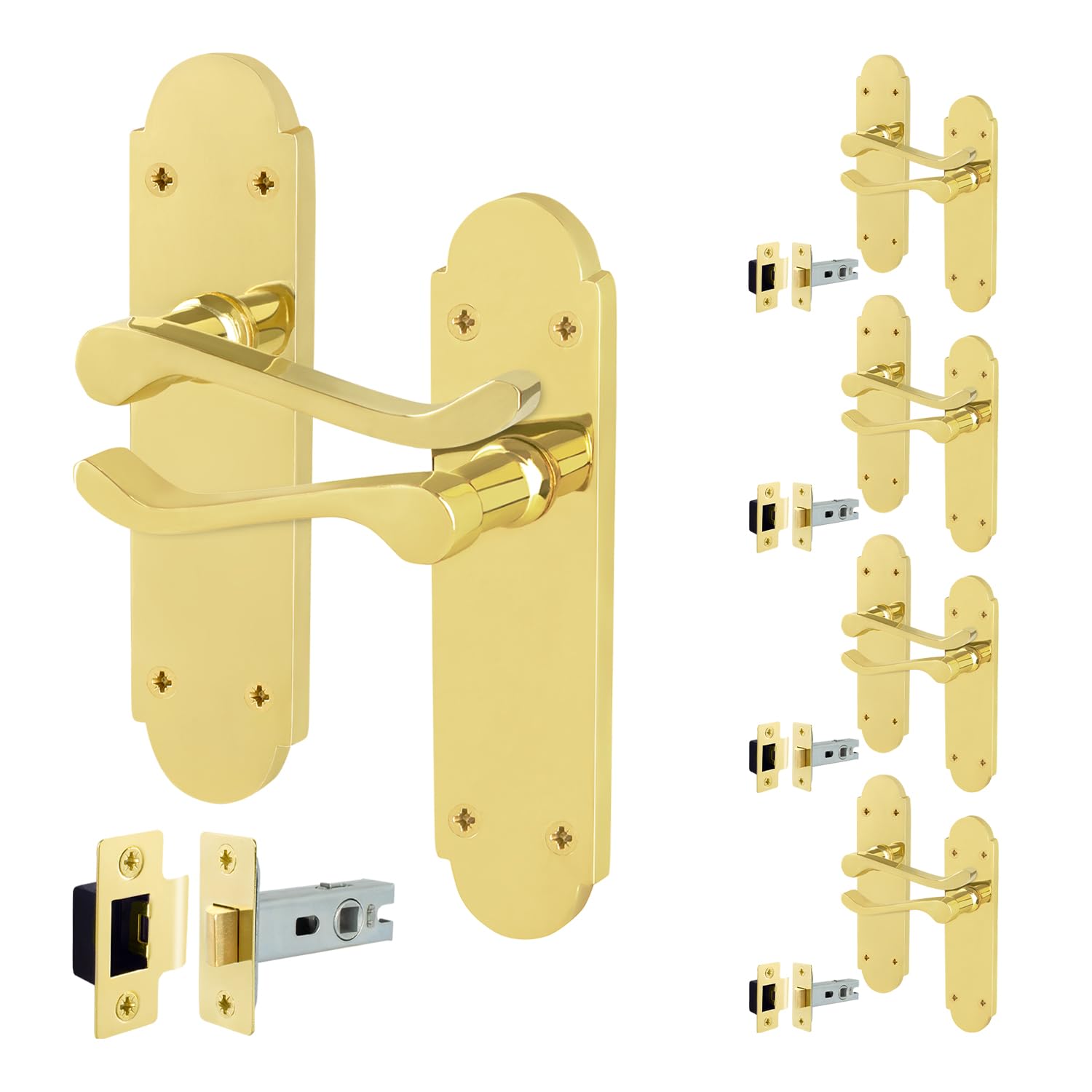 EAI Polished Brass Door Handles with Latch 64mm, 5 Pack - Victorian Scroll