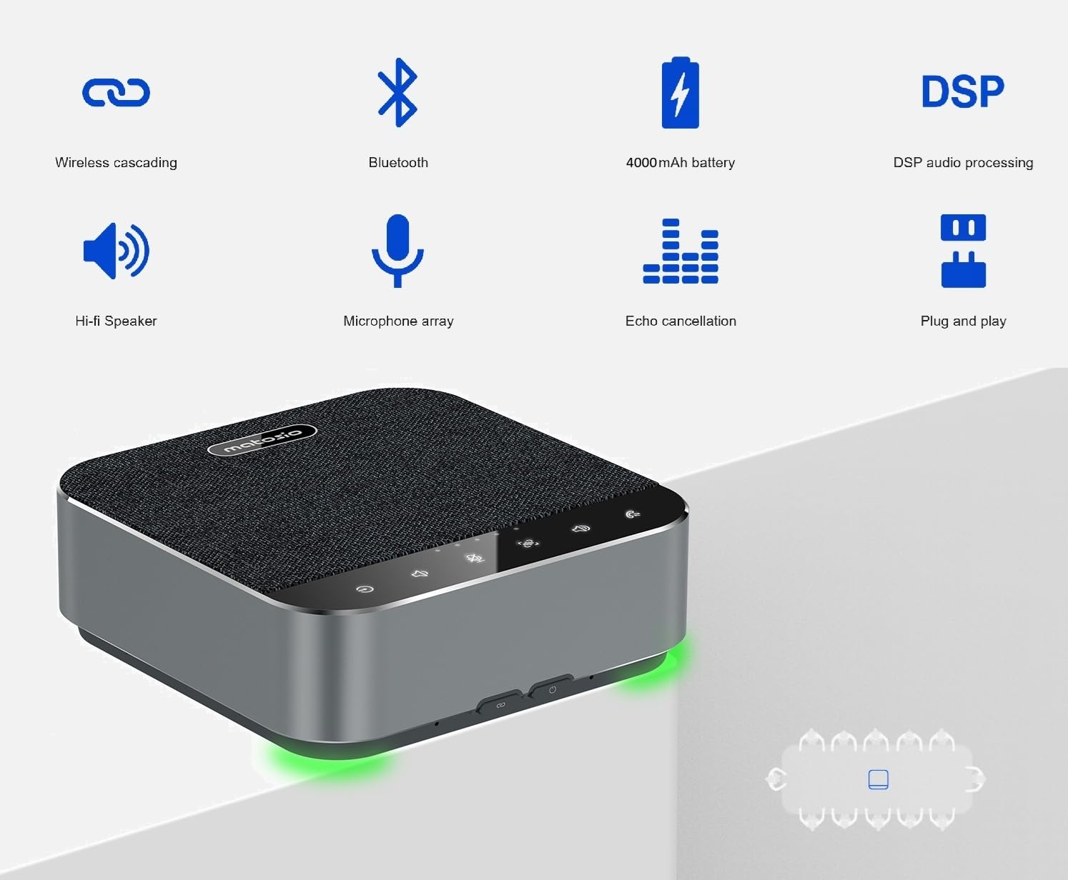 Octopus Elite Speakerphone Professional, Altoparlante e Microfono per Conferenza Wireless, Sistema Audio con 8 Microfoni, Bluetooth/USB, Riduzione del Rumore AI, Daisy Chain