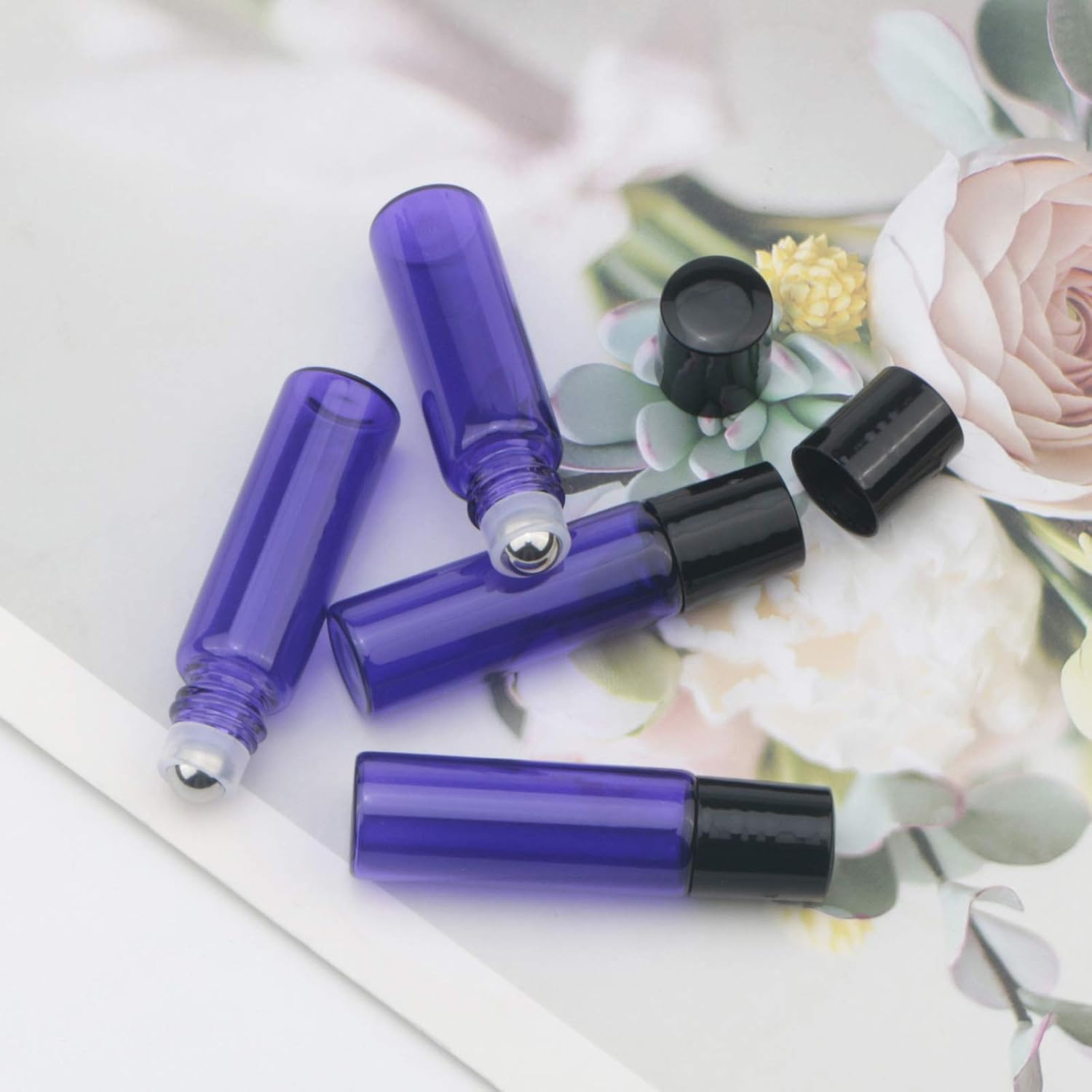 jiuwu 5ml 0.17 Oz Purple Essential Oils Roller Bottles Refillable with Stainless Steel Balls Glass Vials Container for Perfume Massage Cosmetic (1 Opener, 2 Funnels Included) Pack of 15 : Beauty & Personal Care