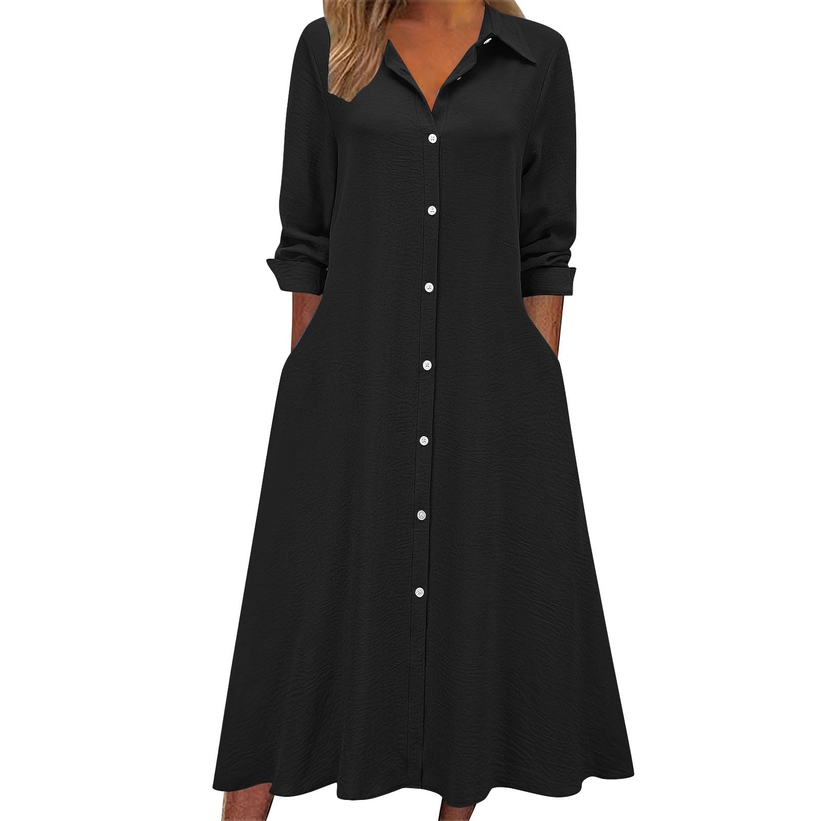 Cotton Linen Dresses for Women Fall Casual Loose Long Sleeve Button Midi Dress A-Line Flowy Beach Dress with