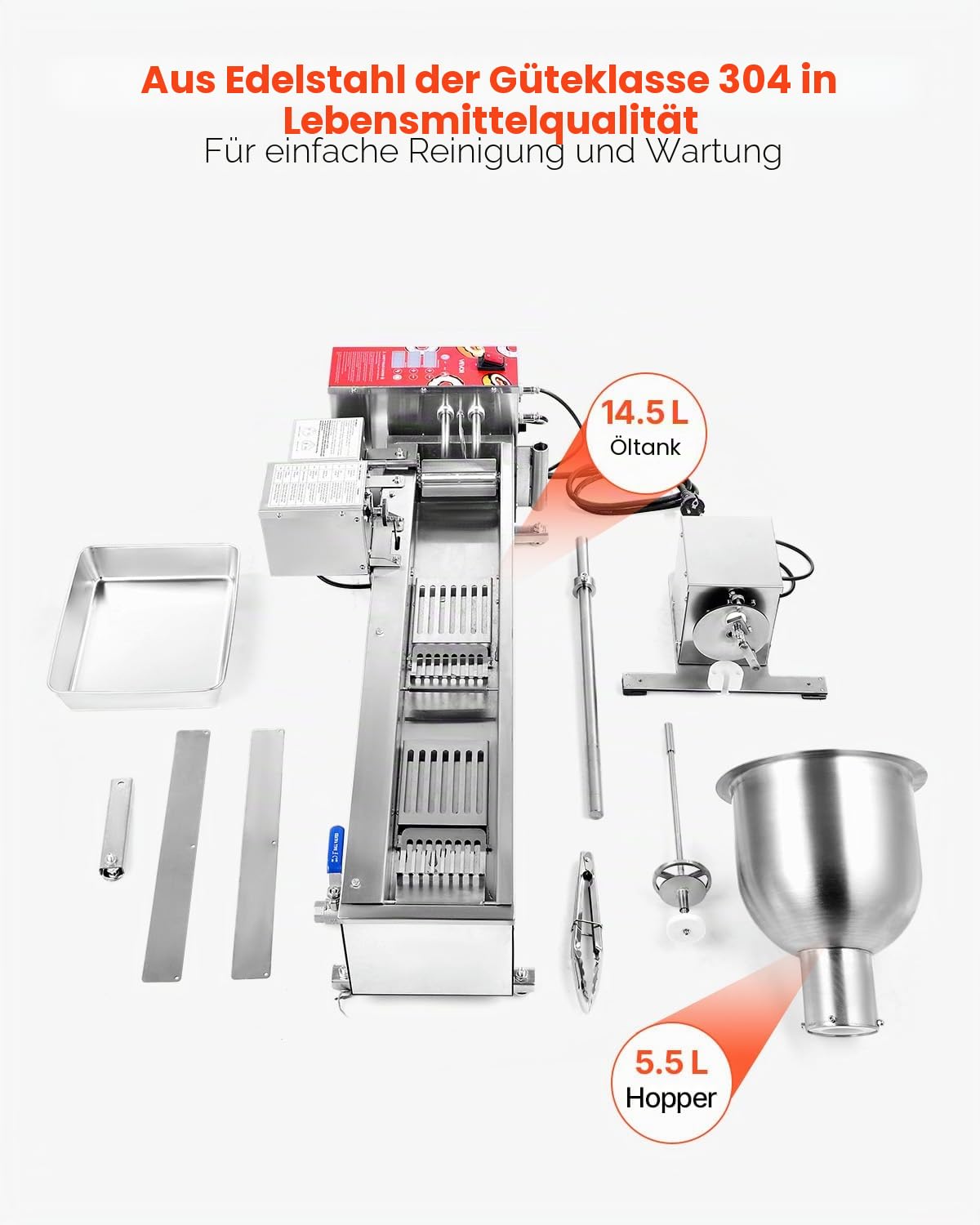 VEVOR kommerzielle automatische Donut Maschine Maker, einreihige Herstellungsausrüstung aus Edelstahl (90 Stk./h) elektrische Donut-Fritteuse mit 3 Formengrößen für Bäckereien Restaurants Café