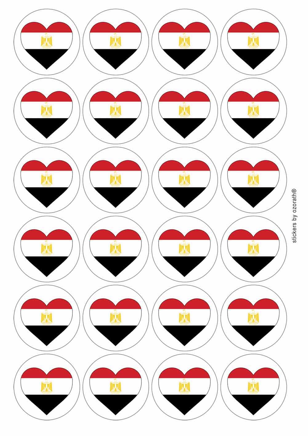 Ozorath Multicolour Egypt Egyptian National Flag Heart Circular Matt Paper Stickers A4 Sheet Of 24 (Each Sticker Is 45Mm Diameter)