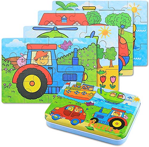 BBLIKE Jigsaw Wooden Puzzles Toy in a Box for Kids, Pack of 4 with Varying Degree of Difficulty Educational Learning Tool Best Birthday Present for Boys Girls (Vehicle)