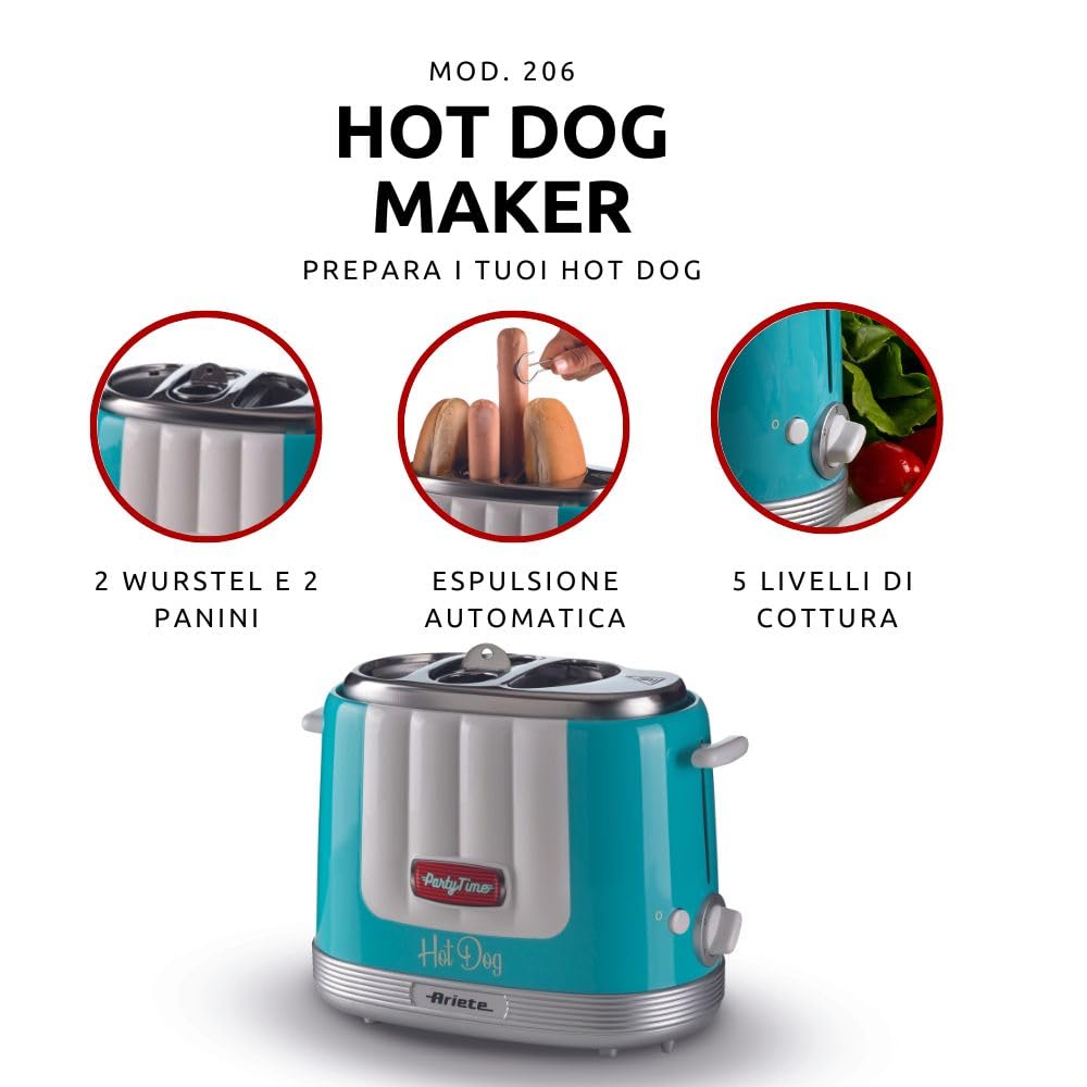 Ariete 206 Hot Dog Maker Party Time, Hot Dog Maker, 650 W, 5 Garstufen, 4 Garräume, automatischer Auswurf, hellblau