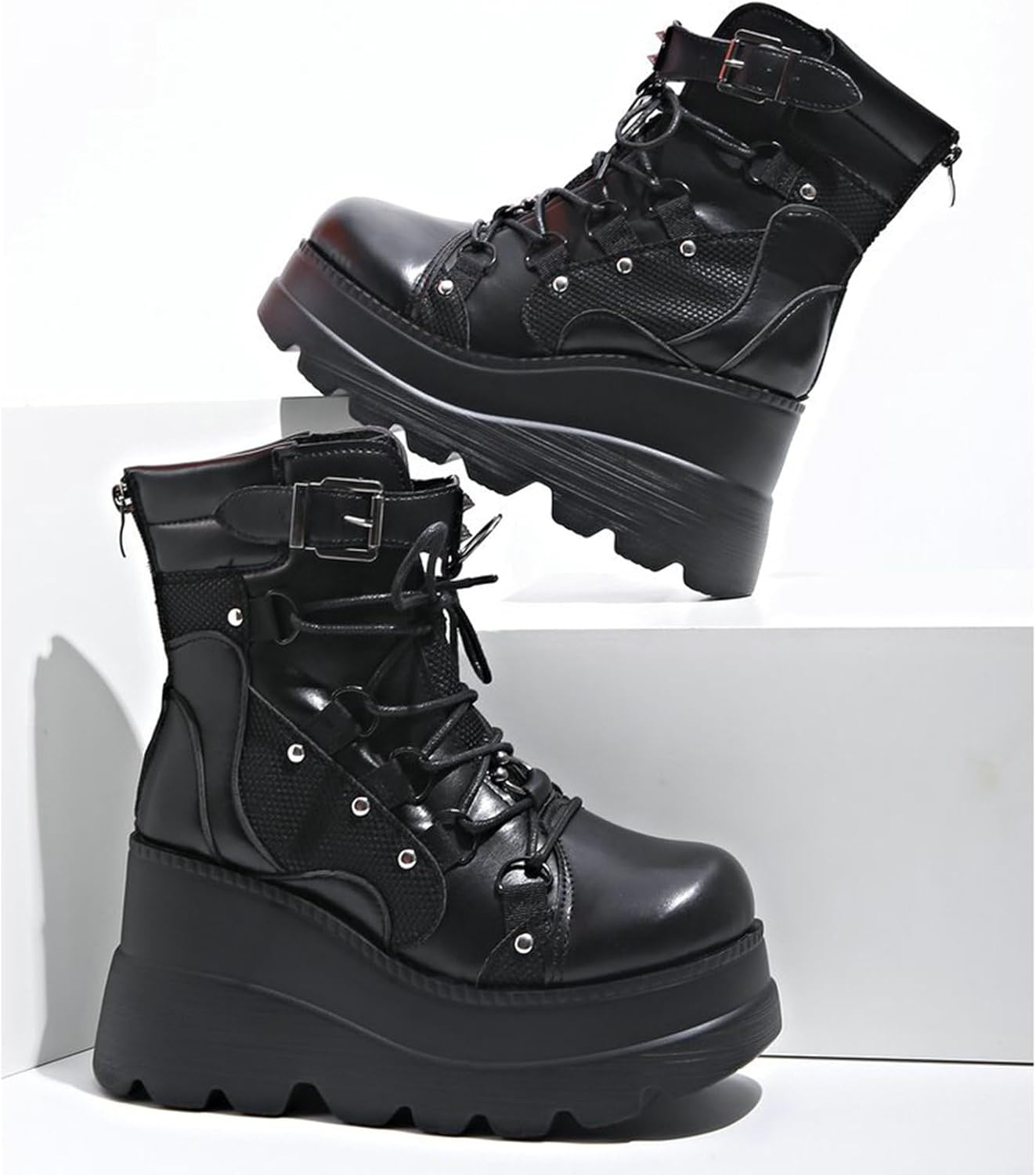 Meefit Women Goth platform Boots Wedge High Heel Lace Up Ankle Boots Round Toe Combat Booties Motorcycle Boot