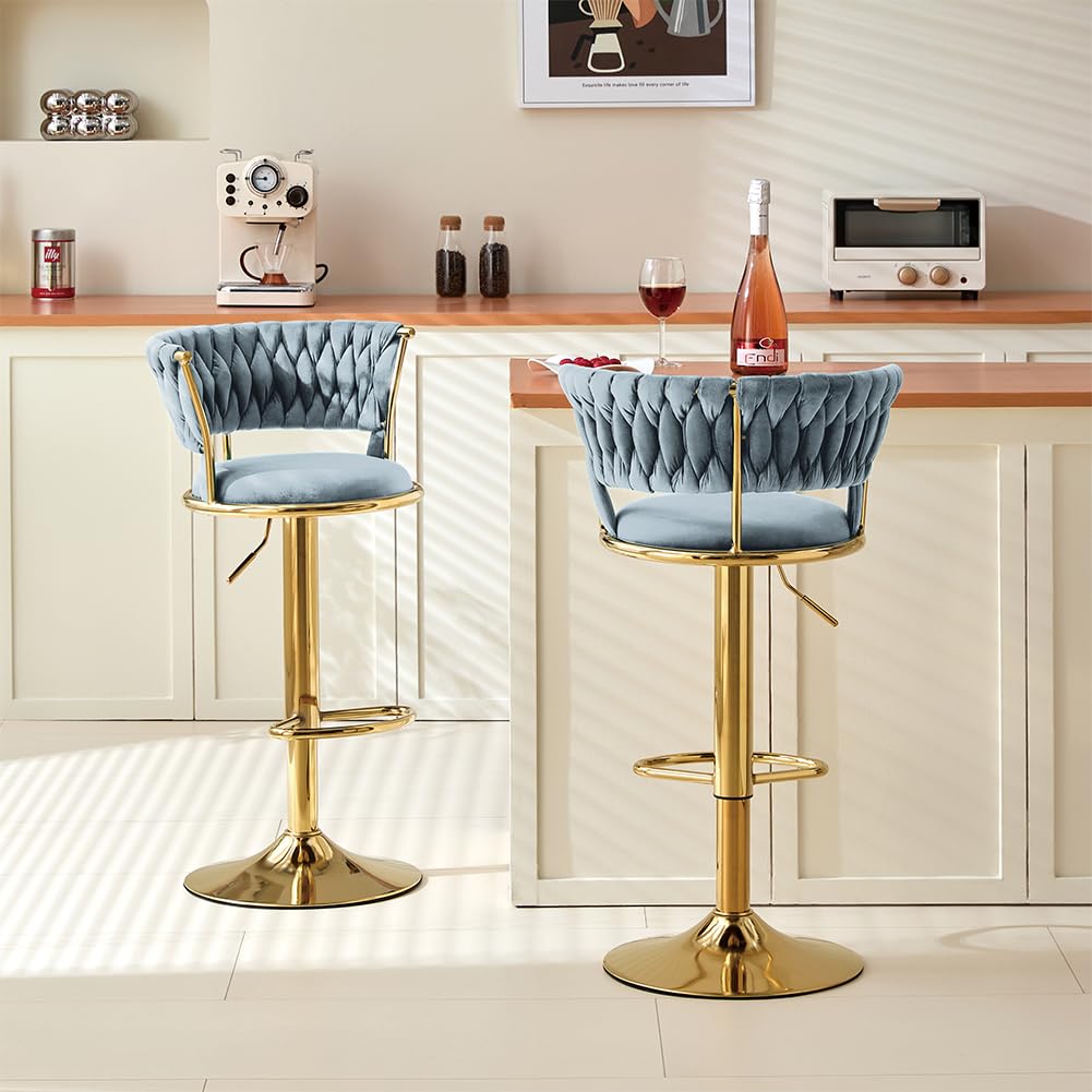 BAKAJI Set 2 Sgabelli da Cucina con Rivestimento in Velluto e Schienale Intrecciato e Altezza Regolabile, Sedie da Bar, Ristorante, Struttura Girevole in Oro con Poggiapiedi, Design Moderno (Grigio)