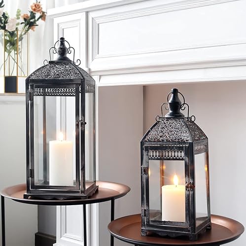 Set Of 2 Outdoor Lantern 20”&14.5” High Vintage Lantern Decorative Metal Candle Holder With Tempered Glass For Fall Decor Garden Patio Living Room Indoor Home Yard Hallway Doorway(Grey) #TOP2