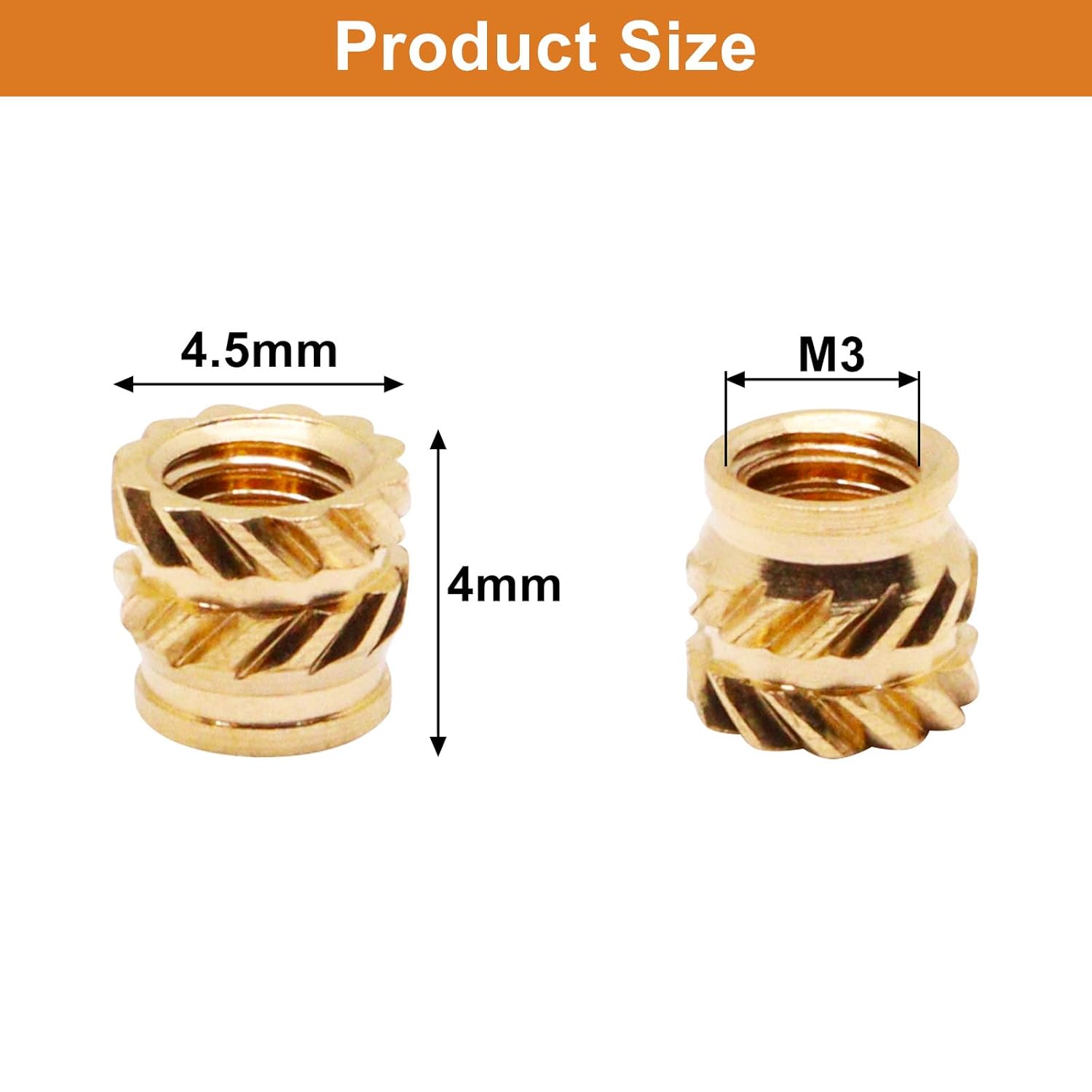 100pcs M3 x L4 x D4.5 Brass Knurled Nuts, Industrial Grade, Gold, Right Hand, Fine Pitch, Fully Threaded, Heat Set Inserts for Plastic & 3D Printing Components