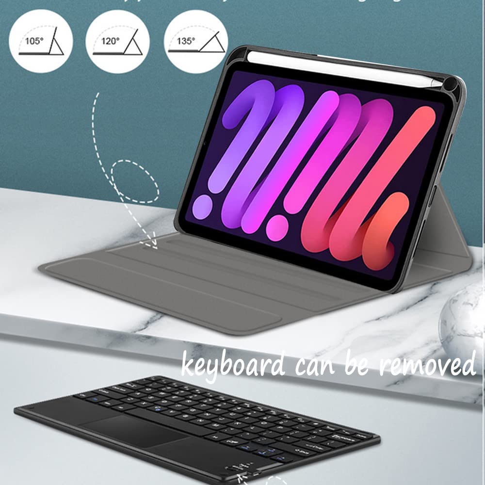 Étui clavier et souris pour iPad Mini 6 2021, coque arrière en TPU souple avec porte-crayon et clavier sans fil détachable 7 couleurs pour iPad Mini 6ème génération 2021, noir